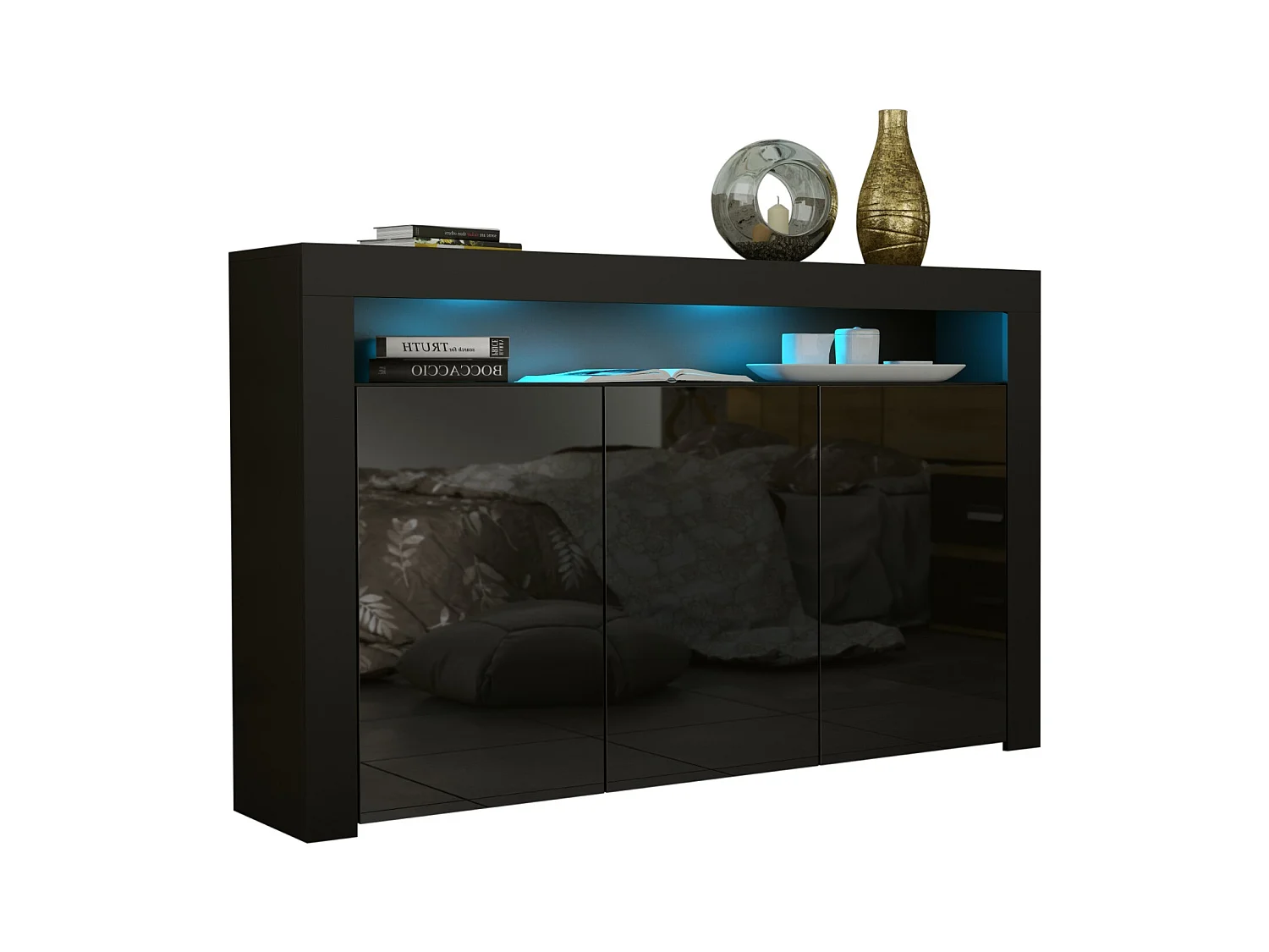 BUFFET JIVE 145 CM PORTES NOIR LAQUÉES AVEC LEDS
