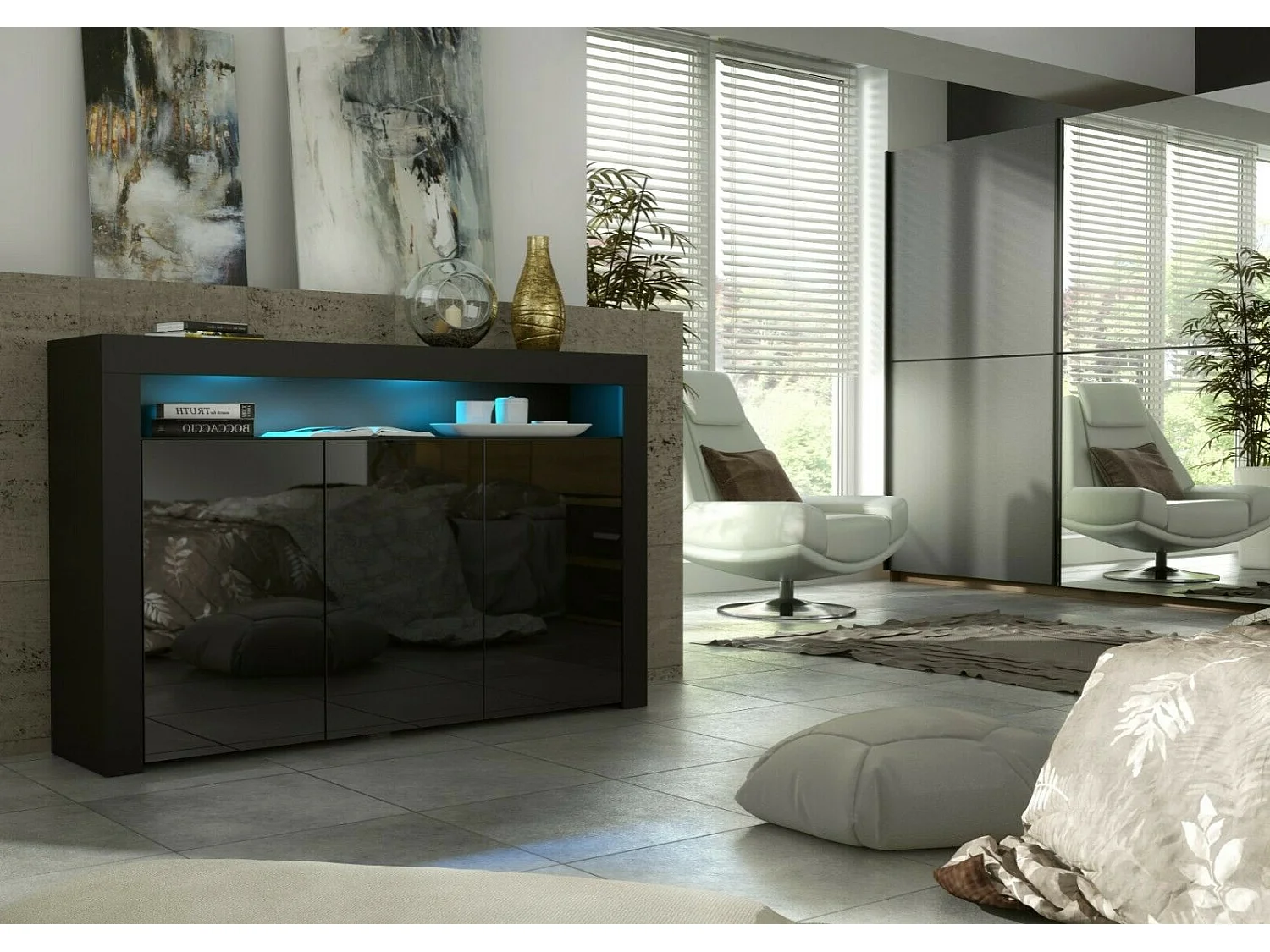 BUFFET JIVE 145 CM PORTES NOIR LAQUÉES AVEC LEDS