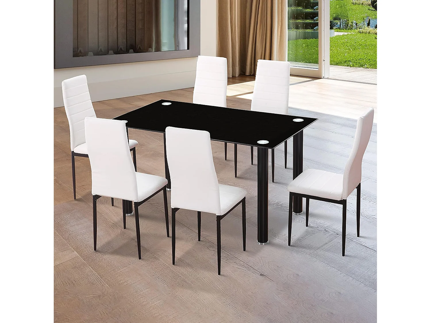 Pack de 6 Sillas Tapizadas para Salón, Comedor. Acabadas en Polipiel de Color Blanco y Patas Negras. Medidas: 39,5 cm (Ancho) x 37,5 cm (Fondo) x 96 c