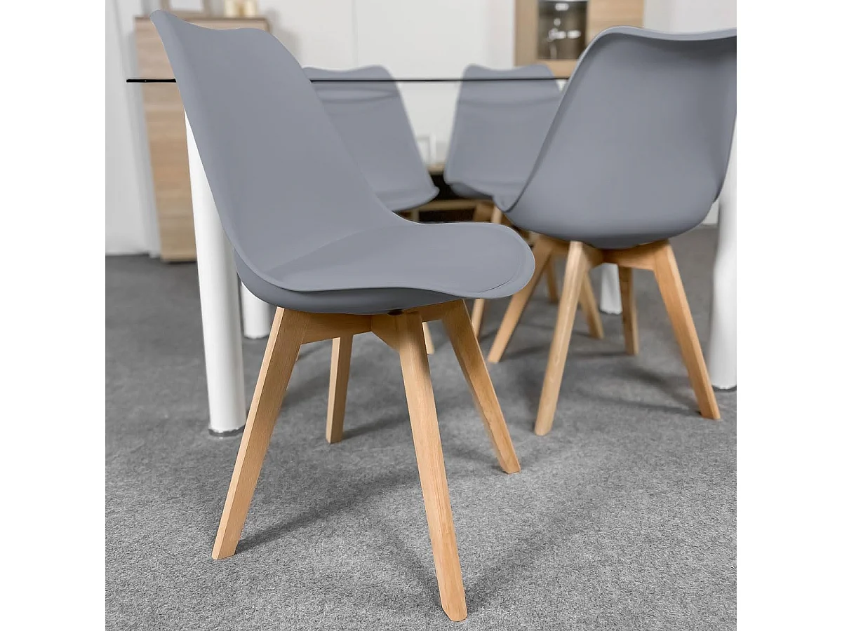 Pack de 4 Sillas para Comedor, Cocina o Salón – Simil Piel Gris y Madera, Medidas: 48 cm x 45 cm x 84 cm.