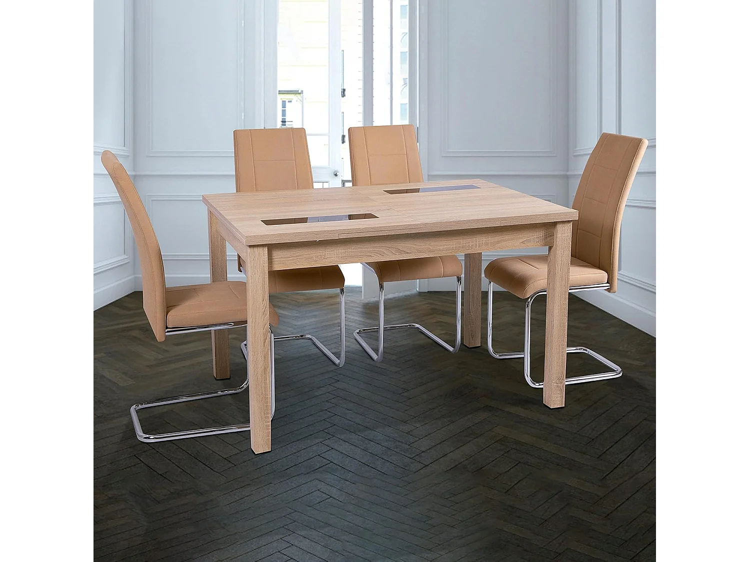 Pack de 4 Sillas Tapizadas para Salón y Comedor – Acabado Color Beig con Patas Cromadas de Aluminio, Medidas: 42,5 cm x 52 cm x 99 cm