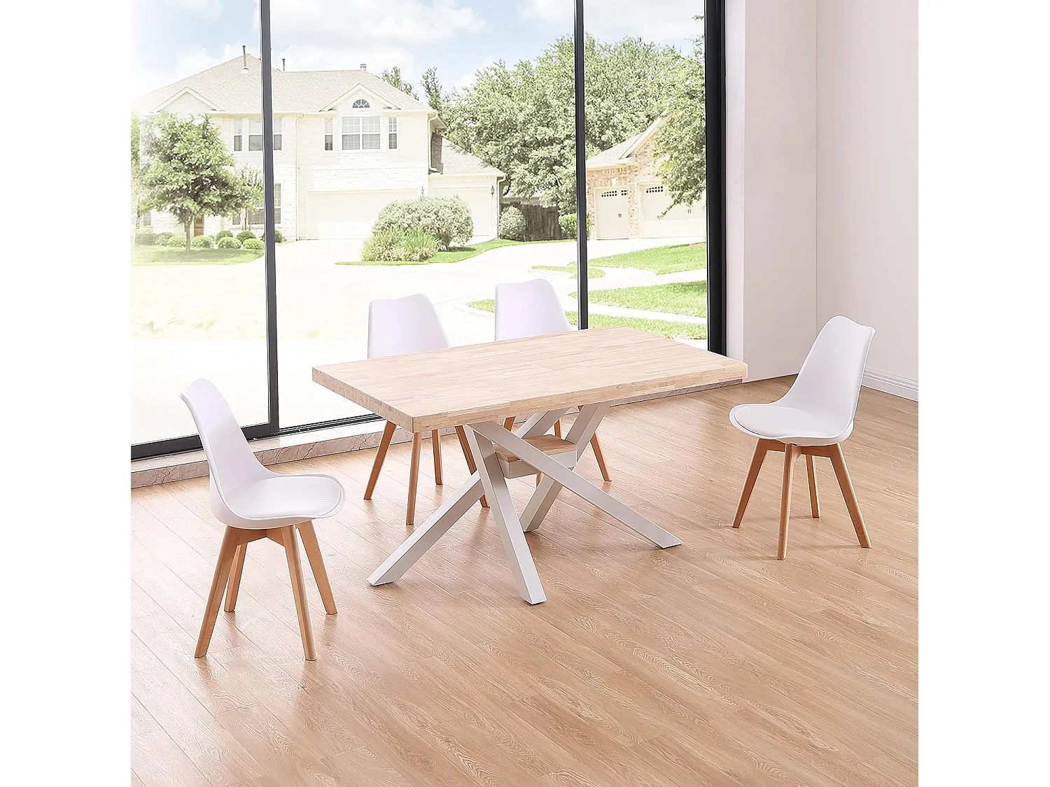 Pack de 4 Sillas para Comedor, Cocina o Salón – Simil Piel Blanca y Madera, Medidas: 48 cm x 45 cm x 84 cm.