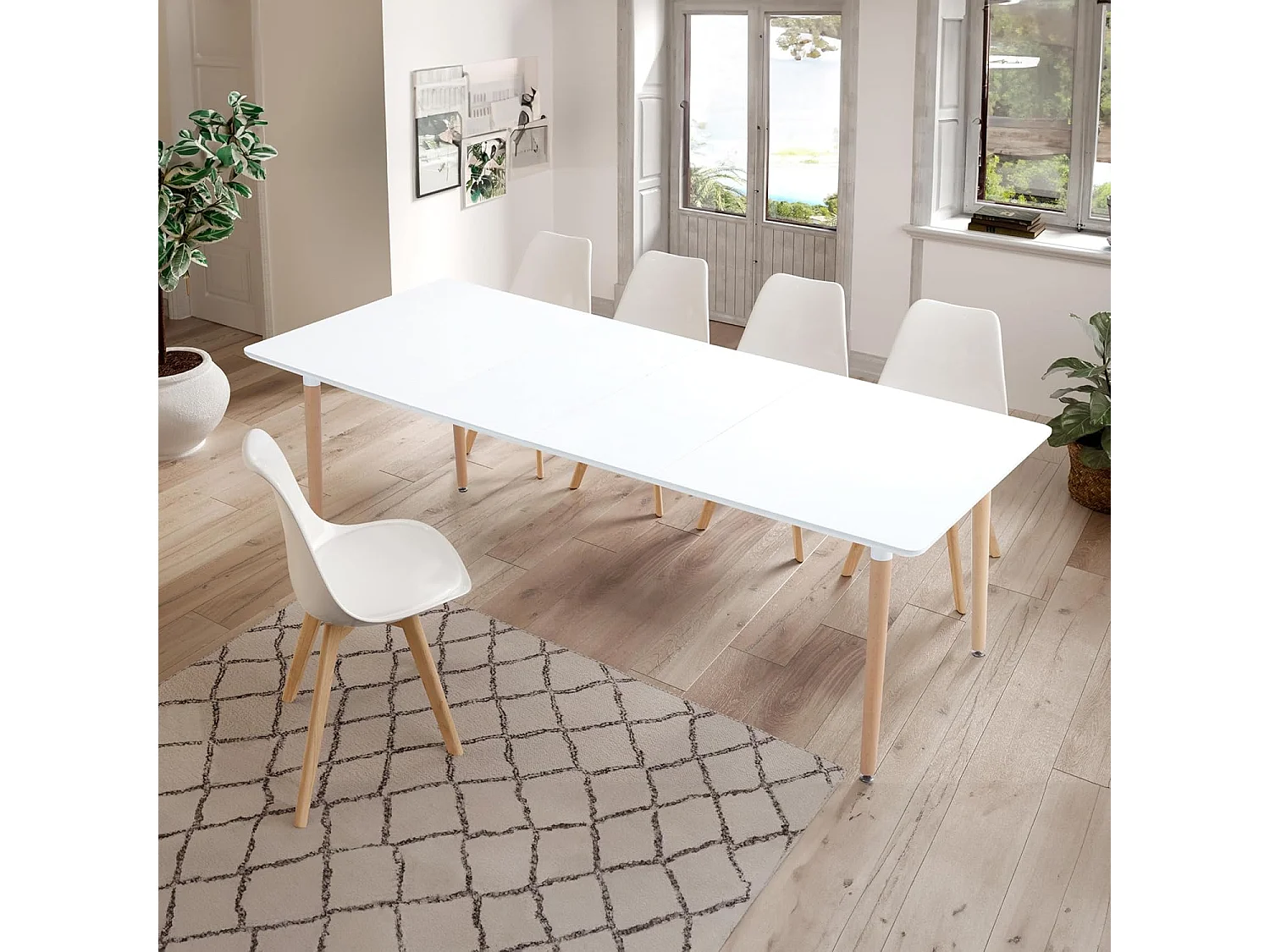 Pack de 4 Sillas para Comedor, Cocina o Salón – Simil Piel Blanca y Madera, Medidas: 48 cm x 45 cm x 84 cm.