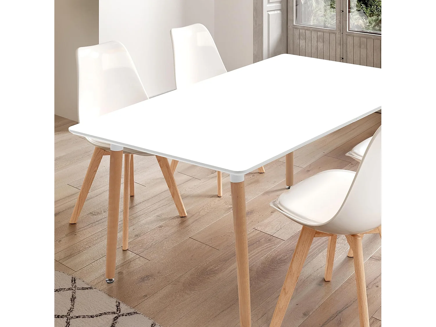 Pack de 4 Sillas para Comedor, Cocina o Salón – Simil Piel Blanca y Madera, Medidas: 48 cm x 45 cm x 84 cm.