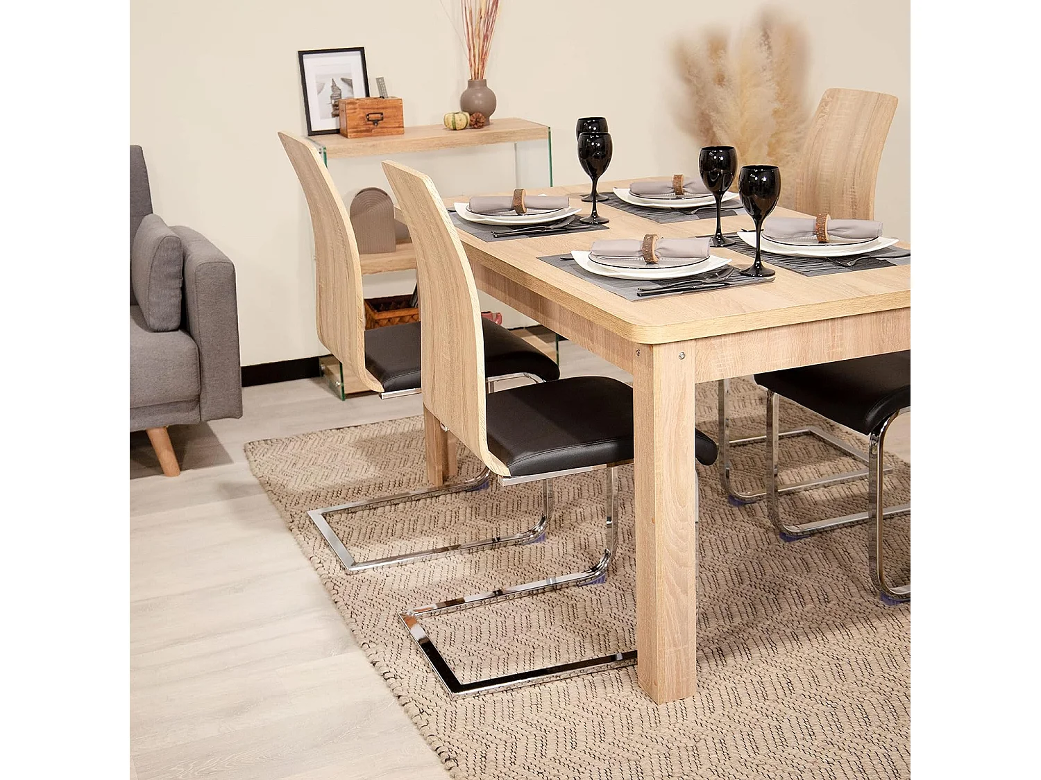 Pack 4 sillas de Comedor, Silla de salón o Cocina, Acabado en símil Piel Color Negro y Madera, Medidas: 44 cm (Ancho) x 57 cm (Largo) x 97 cm (Alto)