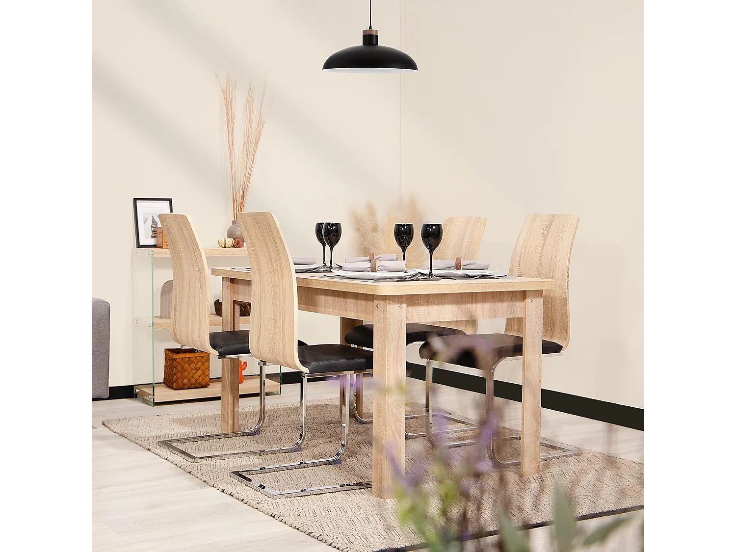 Pack 4 sillas de Comedor, Silla de salón o Cocina, Acabado en símil Piel Color Negro y Madera, Medidas: 44 cm (Ancho) x 57 cm (Largo) x 97 cm (Alto)