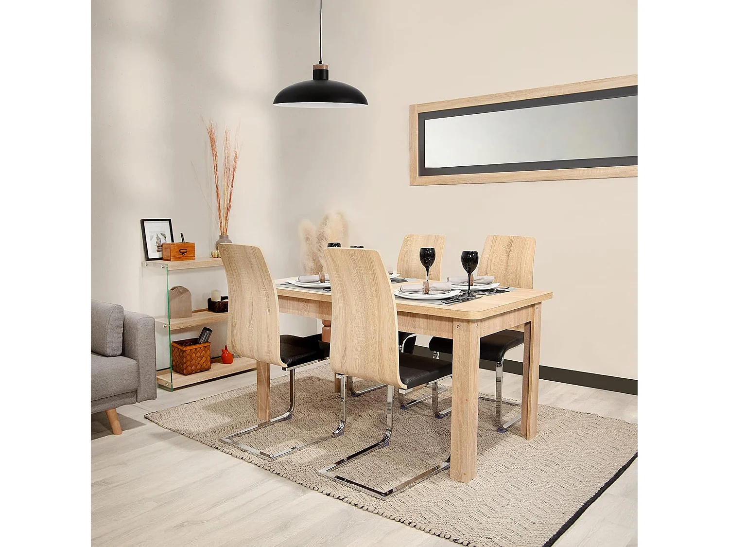 Pack 4 sillas de Comedor, Silla de salón o Cocina, Acabado en símil Piel Color Negro y Madera, Medidas: 44 cm (Ancho) x 57 cm (Largo) x 97 cm (Alto)