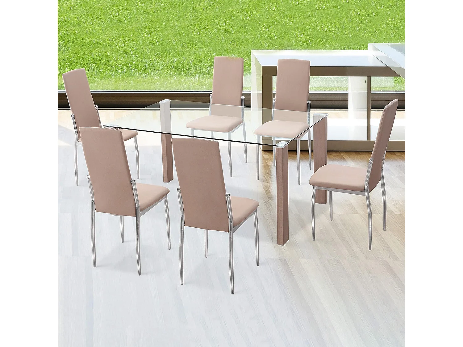 Pack de 6 Sillas Tapizadas para Salón y Comedor – Acabado Beige en Aluminio, Medidas: 43 cm x 48 cm x 99,5 cm