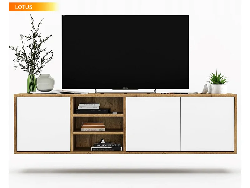 Meuble TV LOTUS 200 cm portes blanc laquées A poser ou suspendre