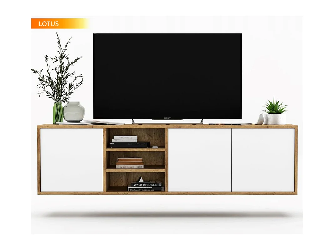 Meuble TV LOTUS 200 cm portes blanc laquées A poser ou suspendre