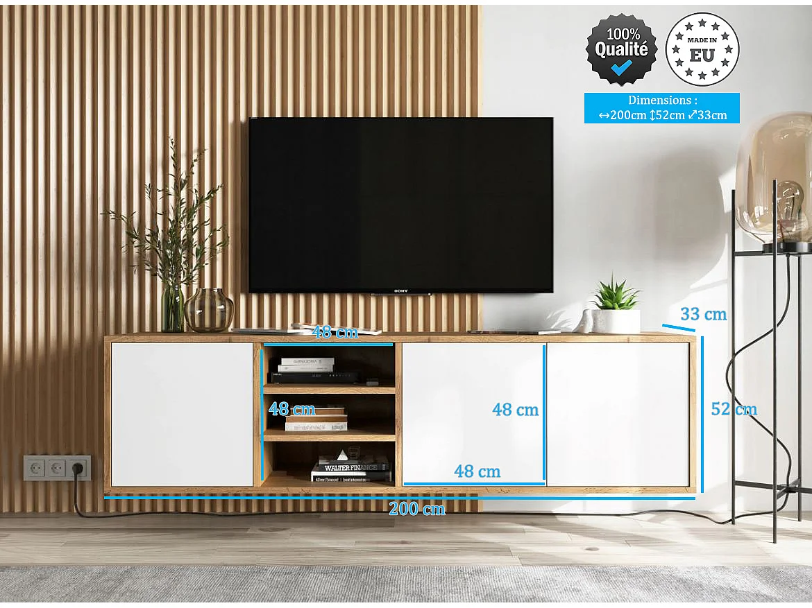 Meuble TV LOTUS 200 cm portes blanc laquées A poser ou suspendre