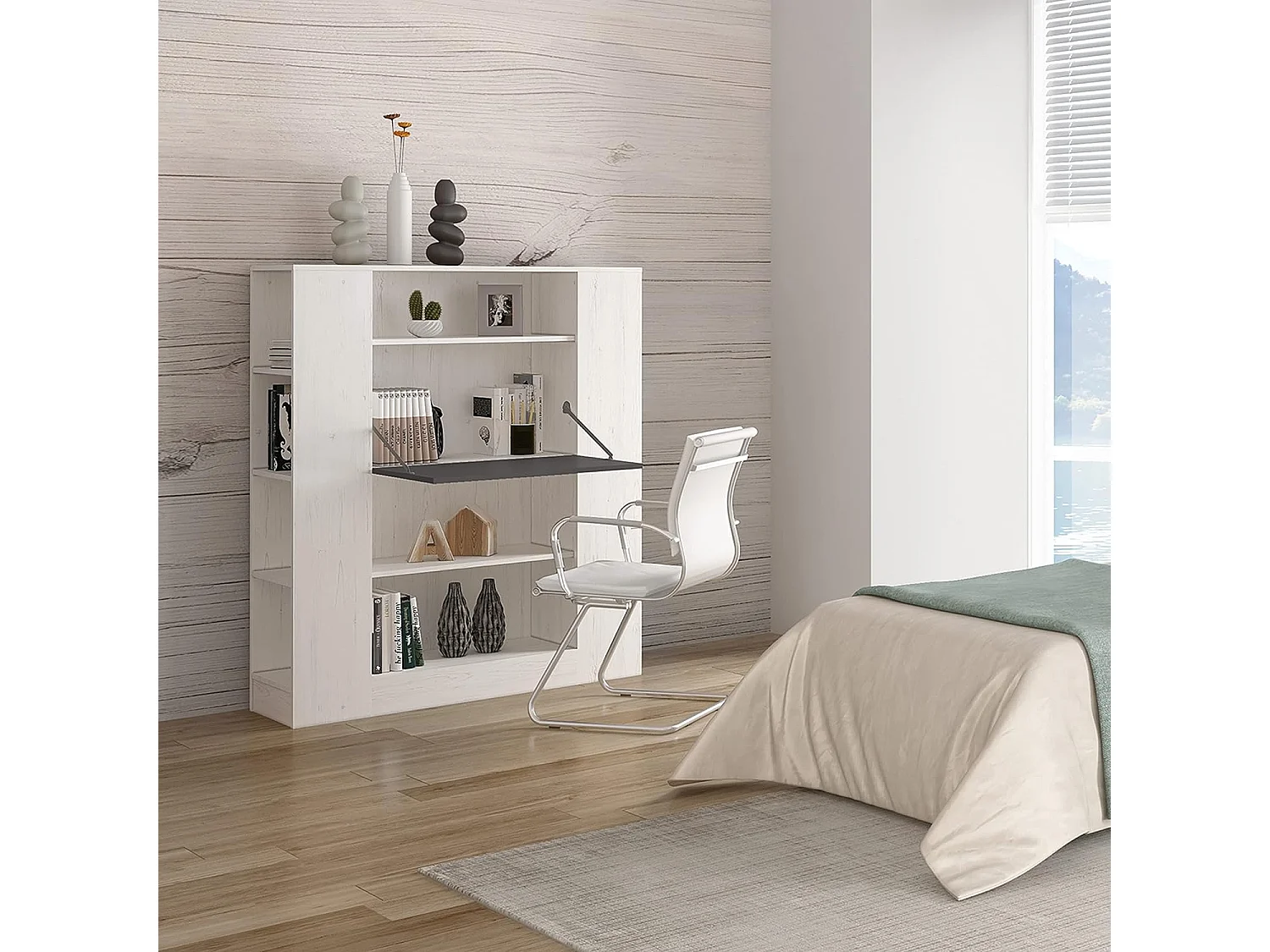 Estantería con Escritorio, Estantería Multifunción, Mesa de Ordenador, Acabado en Blanco y Negro, Medidas: 119,6 cm (Largo) x 139,6 cm (Alto) x 34,5 c