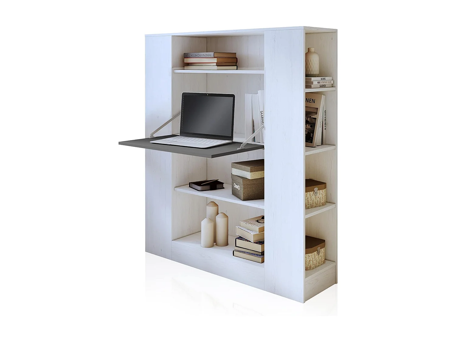 Estantería con Escritorio, Estantería Multifunción, Mesa de Ordenador, Acabado en Blanco y Negro, Medidas: 119,6 cm (Largo) x 139,6 cm (Alto) x 34,5 c