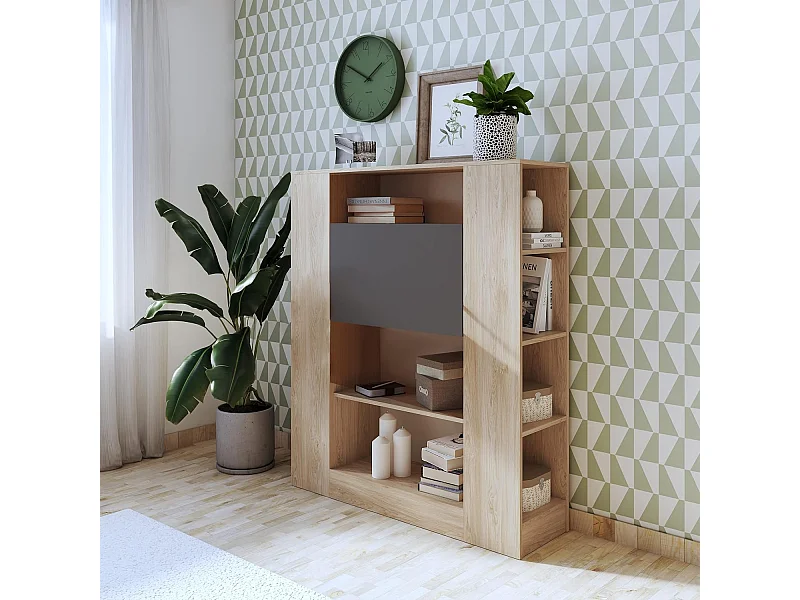 Estantería con Escritorio, Estantería Multifunción, Mesa de Ordenador, Acabado en Cambrian y Grafito, Medidas: 119,6 cm (Largo) x 139,6 cm (Alto) x 34