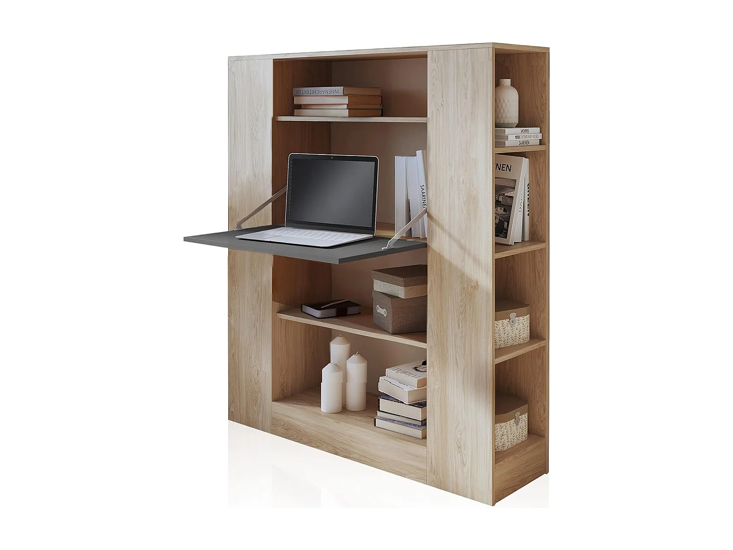 Estantería con Escritorio, Estantería Multifunción, Mesa de Ordenador, Acabado en Cambrian y Grafito, Medidas: 119,6 cm (Largo) x 139,6 cm (Alto) x 34