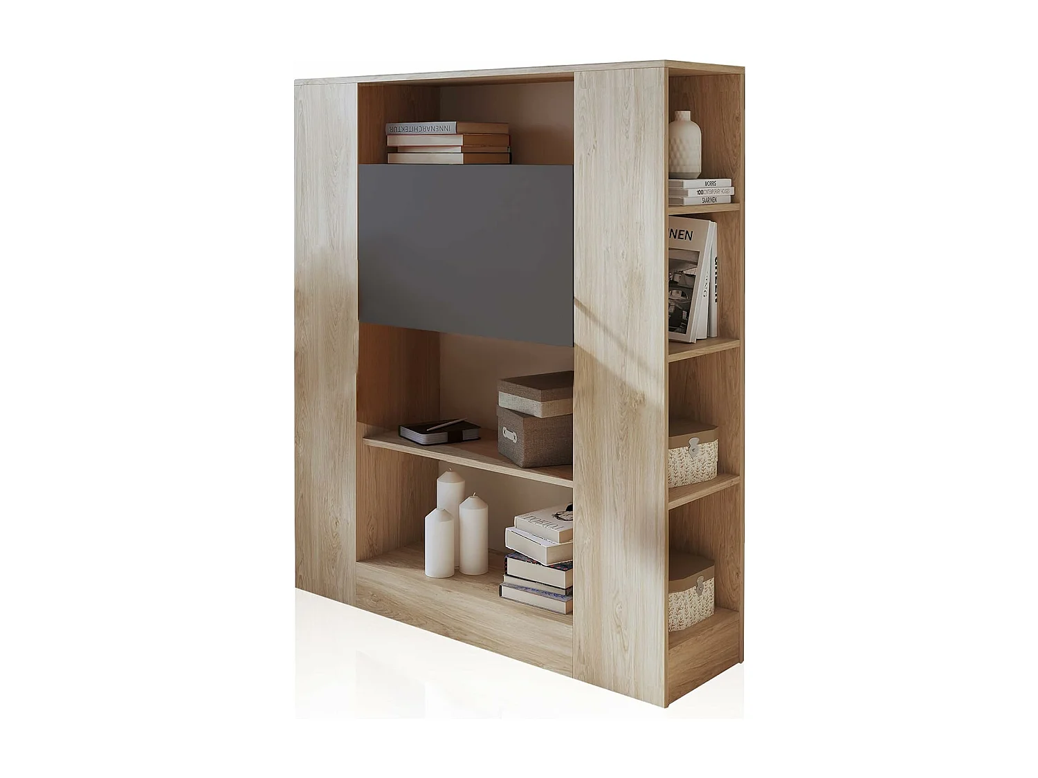 Estantería con Escritorio, Estantería Multifunción, Mesa de Ordenador, Acabado en Cambrian y Grafito, Medidas: 119,6 cm (Largo) x 139,6 cm (Alto) x 34