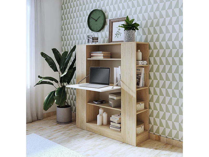 Estantería con Escritorio, Estantería Multifunción, Mesa de Ordenador, Acabado en Cambrian y Blanco, Medidas: 119,6 cm (Largo) x 139,6 cm (Alto) x 34,