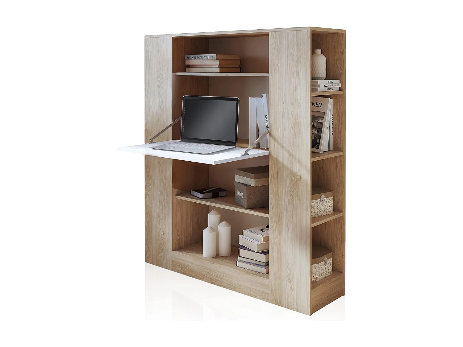 Estantería con Escritorio, Estantería Multifunción, Mesa de Ordenador, Acabado en Cambrian y Blanco, Medidas: 119,6 cm (Largo) x 139,6 cm (Alto) x 34,