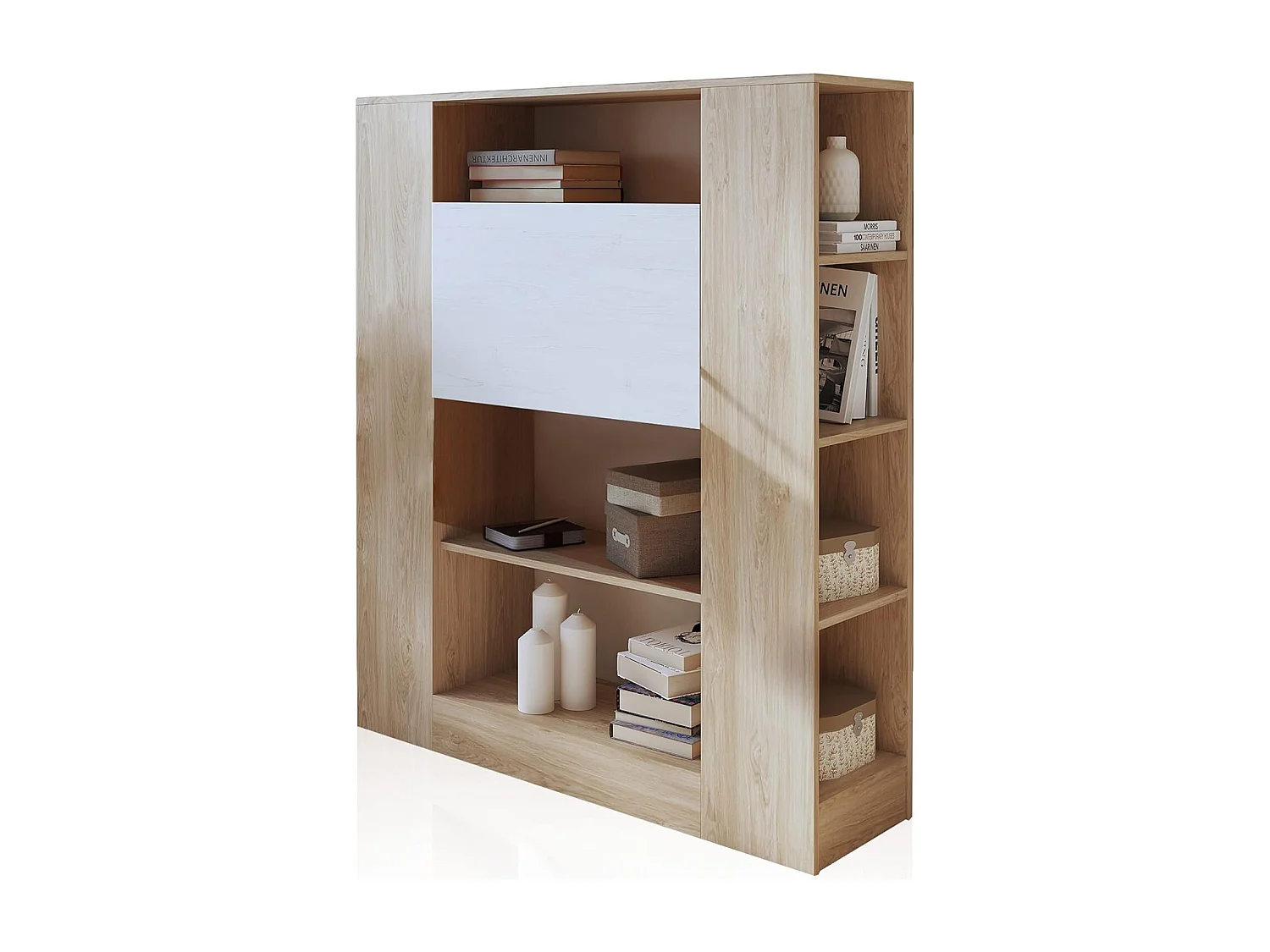 Estantería con Escritorio, Estantería Multifunción, Mesa de Ordenador, Acabado en Cambrian y Blanco, Medidas: 119,6 cm (Largo) x 139,6 cm (Alto) x 34,