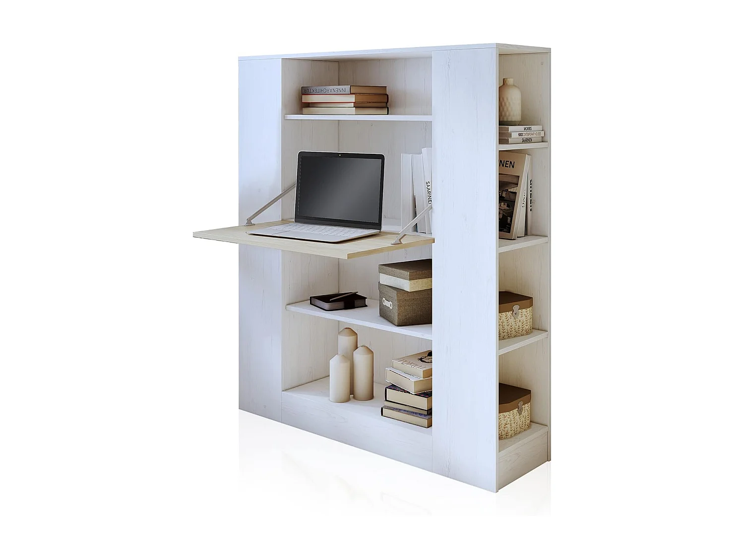 Estantería con Escritorio, Estantería Multifunción, Mesa de Ordenador, Acabado en Blanco y Madera, Medidas: 119,6 cm (Largo) x 139,6 cm (Alto) x 34,5