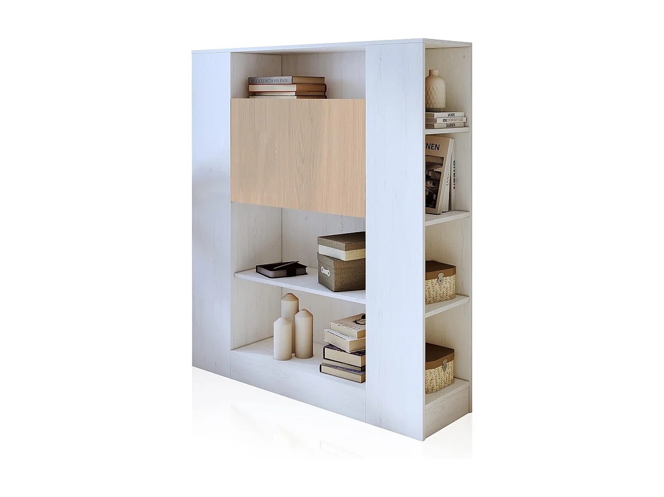 Estantería con Escritorio, Estantería Multifunción, Mesa de Ordenador, Acabado en Blanco y Madera, Medidas: 119,6 cm (Largo) x 139,6 cm (Alto) x 34,5