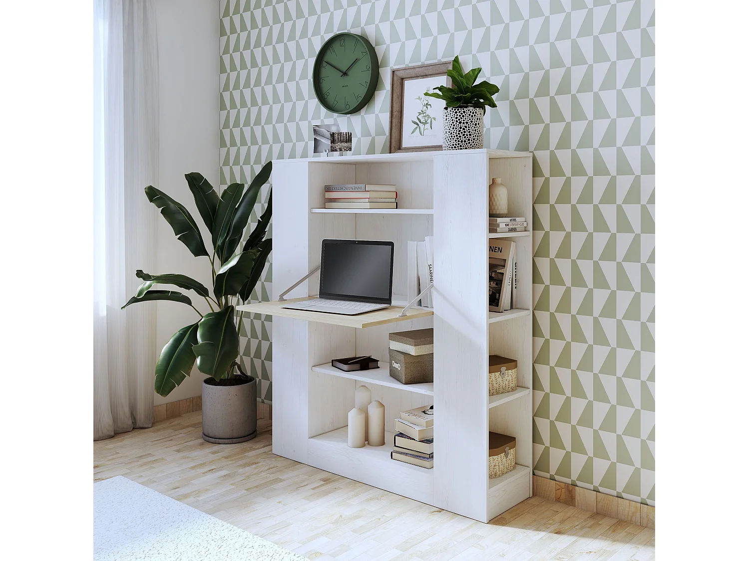 Estantería con Escritorio, Estantería Multifunción, Mesa de Ordenador, Acabado en Blanco y Madera, Medidas: 119,6 cm (Largo) x 139,6 cm (Alto) x 34,5