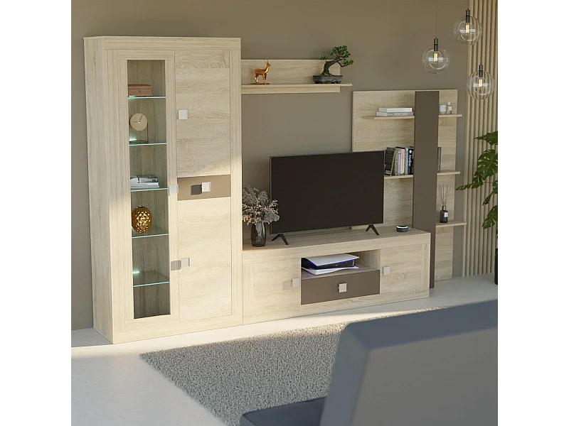 Mueble de Salón Moderno con Leds, Módulos de Comedor, Acabado en Cambria y Choco, Medidas: 300 cm (Ancho) x 200 cm (Alto) 40 cm (Fondo) - Meyvaser