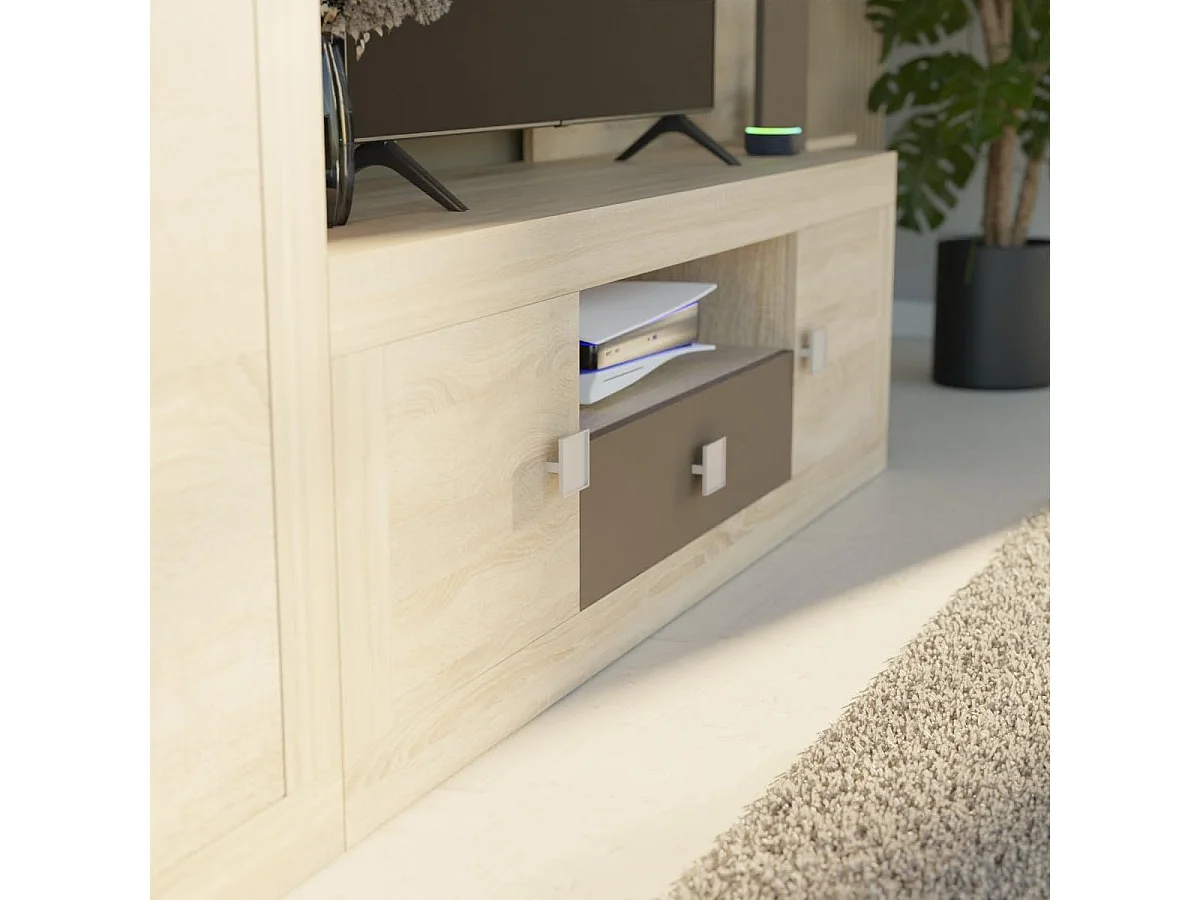 Mueble de Salón Moderno con Leds, Módulos de Comedor, Acabado en Cambria y Choco, Medidas: 300 cm (Ancho) x 200 cm (Alto) 40 cm (Fondo) - Meyvaser