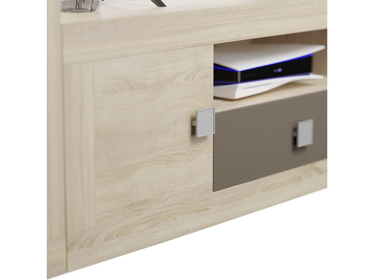 Mueble de Salón Moderno con Leds, Módulos de Comedor, Acabado en Cambria y Choco, Medidas: 300 cm (Ancho) x 200 cm (Alto) 40 cm (Fondo) - Meyvaser