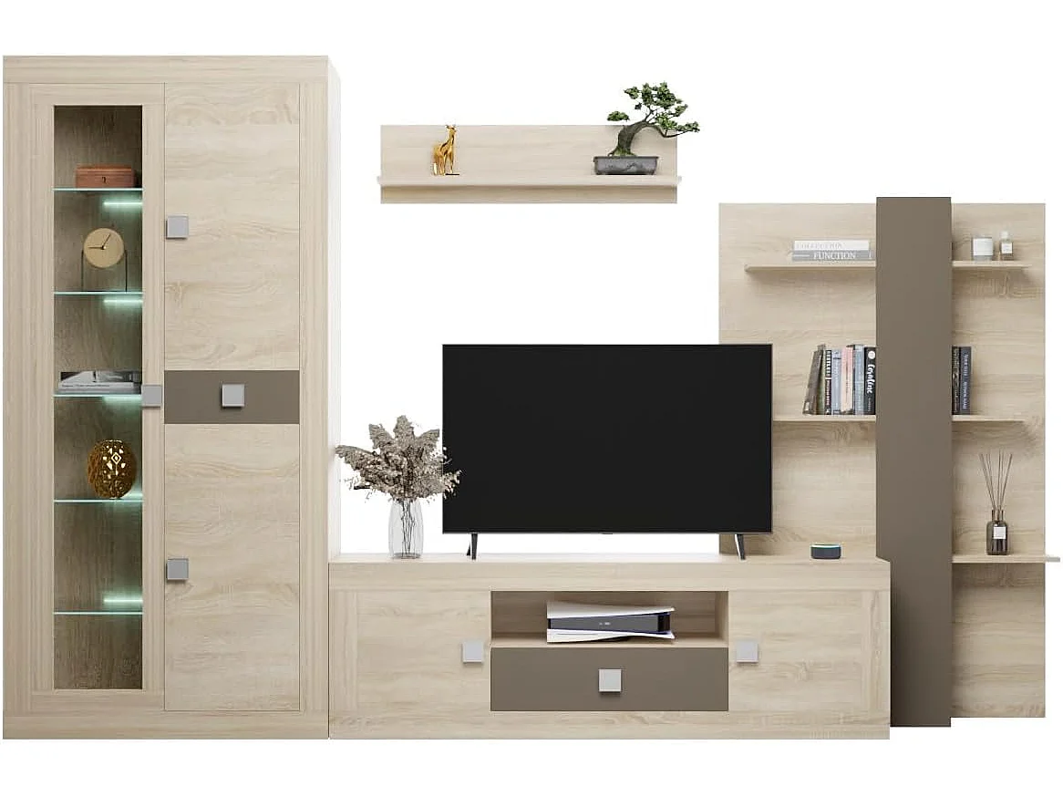 Mueble de Salón Moderno con Leds, Módulos de Comedor, Acabado en Cambria y Choco, Medidas: 300 cm (Ancho) x 200 cm (Alto) 40 cm (Fondo) - Meyvaser