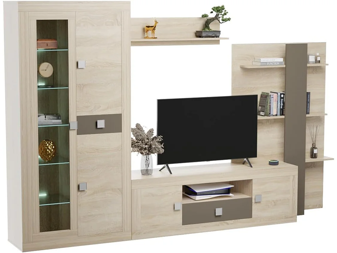 Mueble de Salón Moderno con Leds, Módulos de Comedor, Acabado en Cambria y Choco, Medidas: 300 cm (Ancho) x 200 cm (Alto) 40 cm (Fondo) - Meyvaser