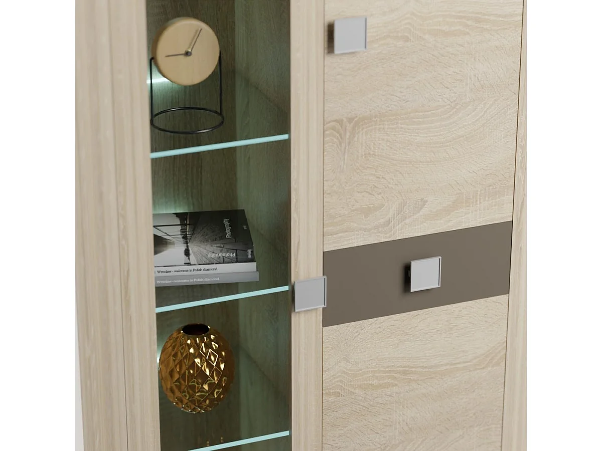 Mueble de Salón Moderno con Leds, Módulos de Comedor, Acabado en Cambria y Choco, Medidas: 300 cm (Ancho) x 200 cm (Alto) 40 cm (Fondo) - Meyvaser