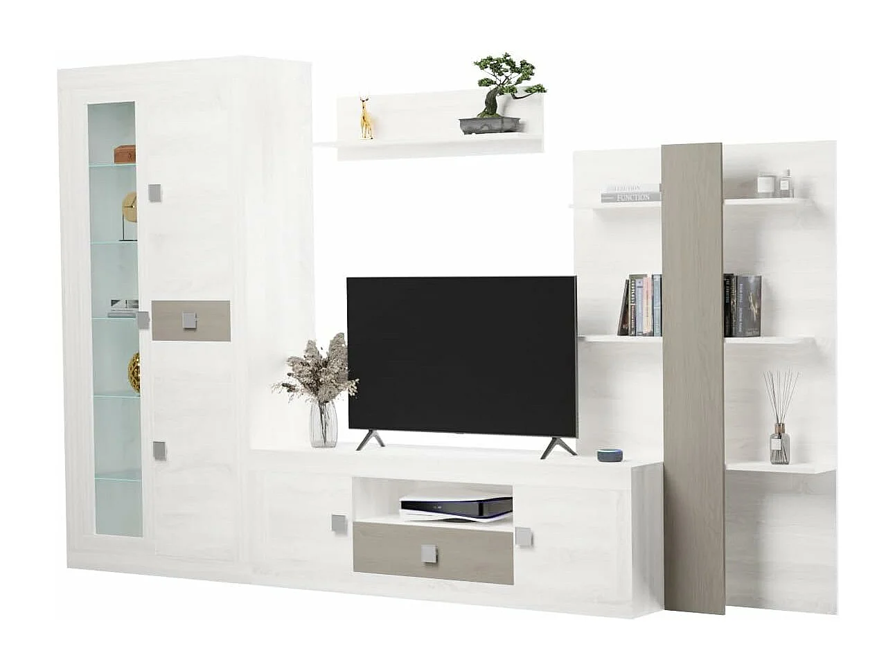 Mueble de Salón Moderno con Leds, Módulos de Comedor, Acabado en Andersen Pino -Gris, Medidas: 300 cm (Ancho) x 200 cm (Alto) 40 cm (Fondo) - Meyvaser