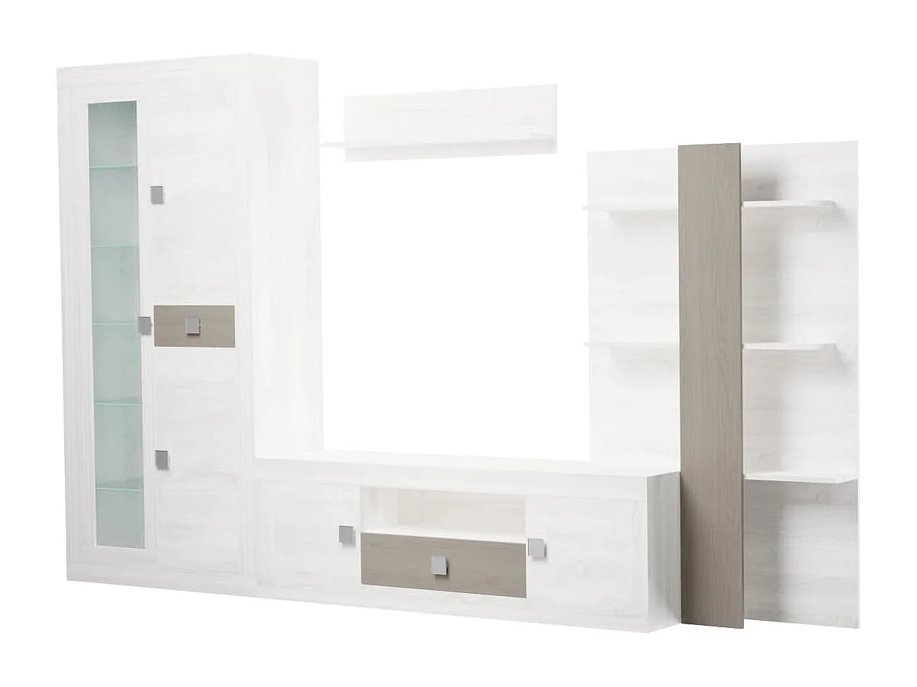 Mueble de Salón Moderno con Leds, Módulos de Comedor, Acabado en Andersen Pino -Gris, Medidas: 300 cm (Ancho) x 200 cm (Alto) 40 cm (Fondo) - Meyvaser