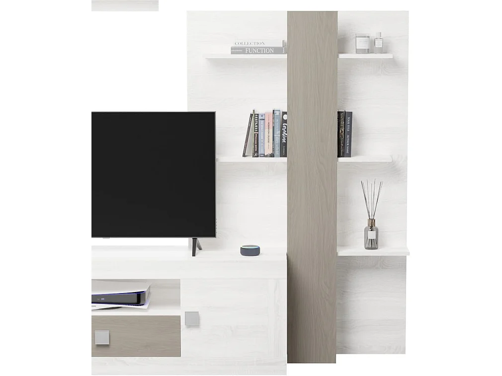 Mueble de Salón Moderno con Leds, Módulos de Comedor, Acabado en Andersen Pino -Gris, Medidas: 300 cm (Ancho) x 200 cm (Alto) 40 cm (Fondo) - Meyvaser