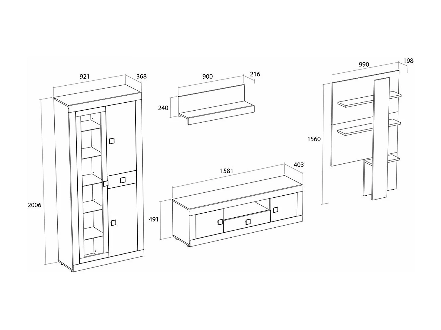 Mueble de Salón Moderno con Leds, Módulos de Comedor, Acabado en Andersen Pino -Gris, Medidas: 300 cm (Ancho) x 200 cm (Alto) 40 cm (Fondo) - Meyvaser