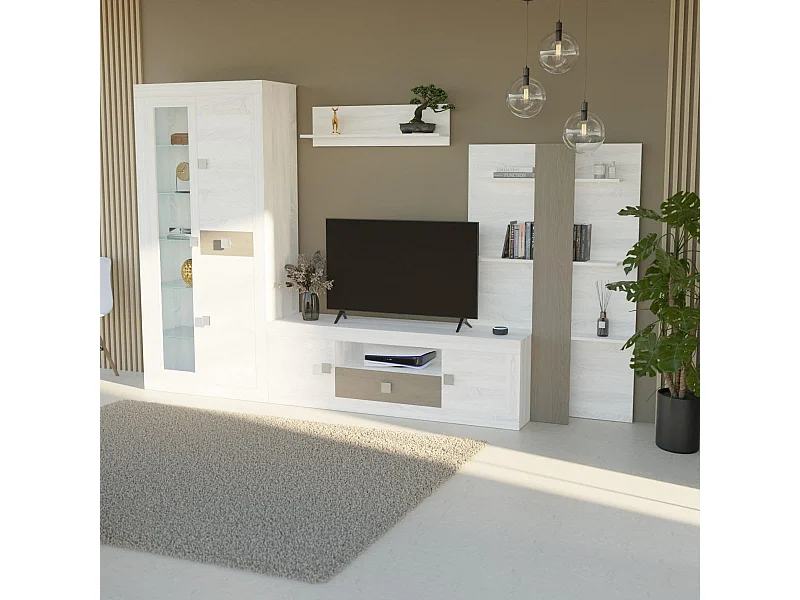 Mueble de Salón Moderno con Leds, Módulos de Comedor, Acabado en Andersen Pino -Gris, Medidas: 300 cm (Ancho) x 200 cm (Alto) 40 cm (Fondo) - Meyvaser