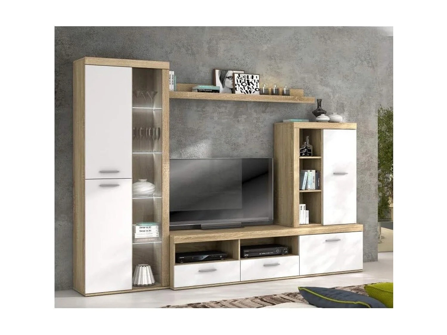 Mueble de Salón Moderno con Leds, Módulos de Comedor, Acabado en Cambria - Blanco, Medidas: 260 cm (Ancho) x 191 cm (Alto) 47,5 cm (Fondo) Meyvaser