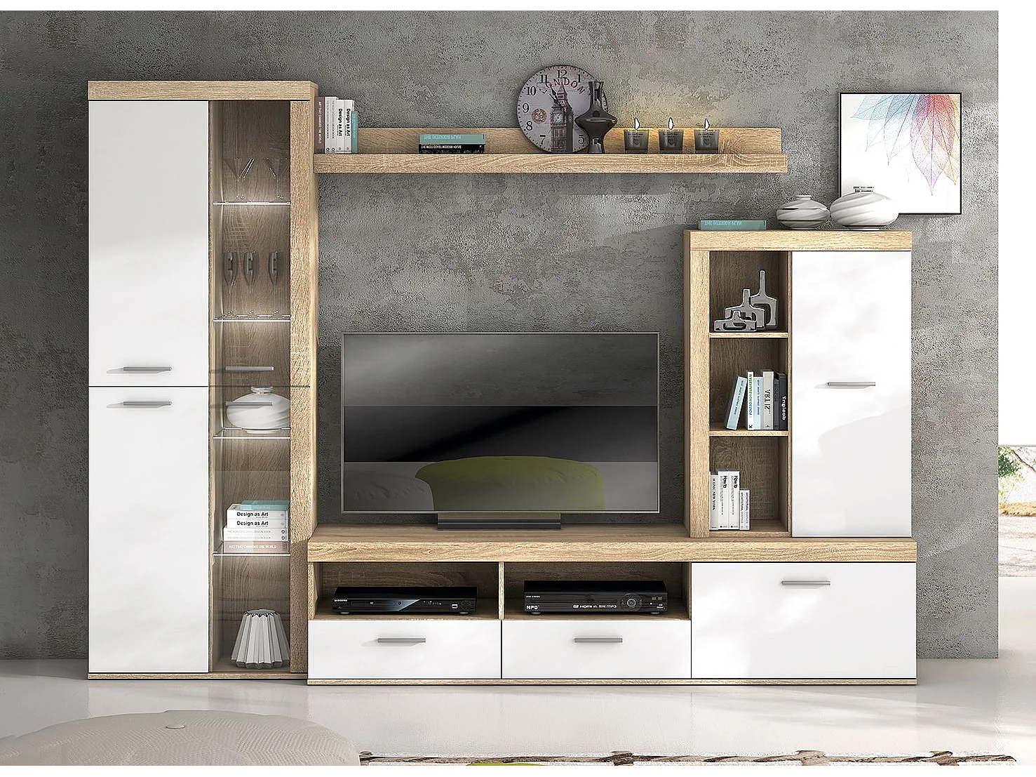 Mueble de Salón Moderno con Leds, Módulos de Comedor, Acabado en Cambria - Blanco, Medidas: 260 cm (Ancho) x 191 cm (Alto) 47,5 cm (Fondo) Meyvaser