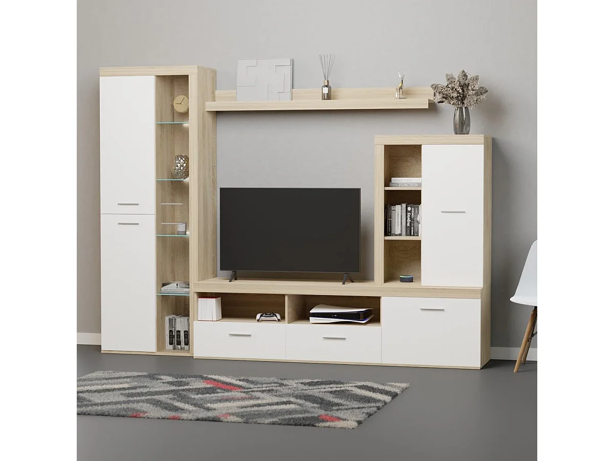 Mueble de Salón Moderno con Leds, Módulos de Comedor, Acabado en Cambria - Blanco, Medidas: 260 cm (Ancho) x 191 cm (Alto) 47,5 cm (Fondo) Meyvaser