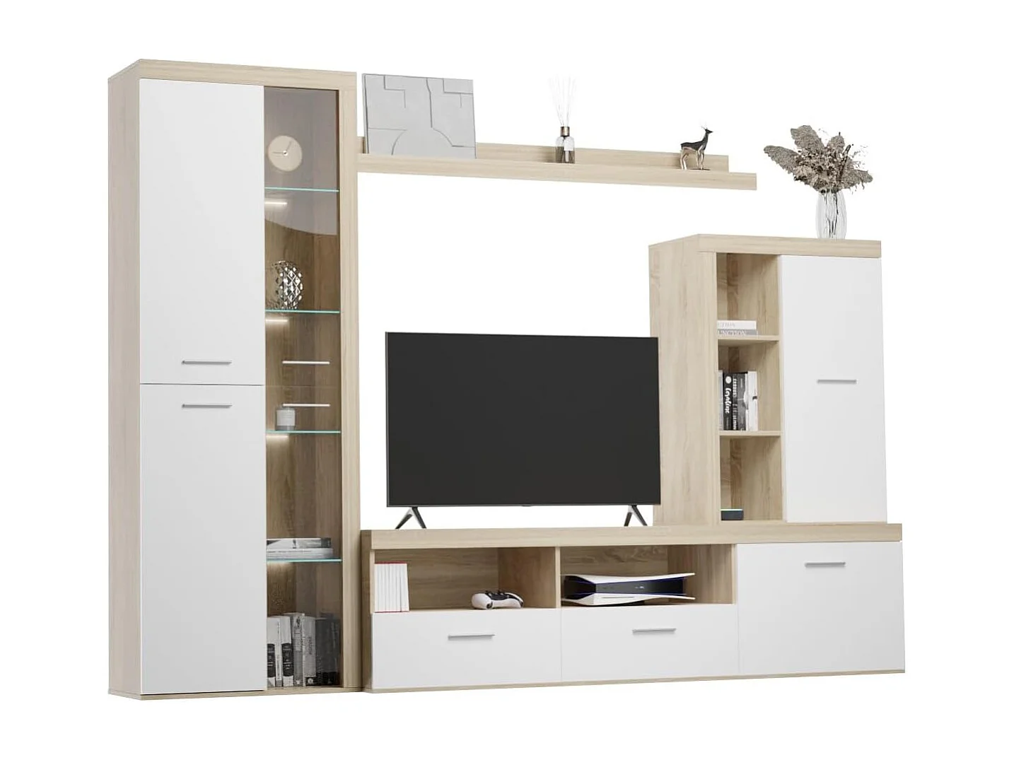 Mueble de Salón Moderno con Leds, Módulos de Comedor, Acabado en Cambria - Blanco, Medidas: 260 cm (Ancho) x 191 cm (Alto) 47,5 cm (Fondo) Meyvaser