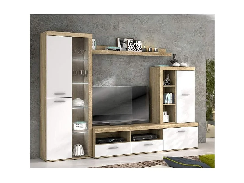 Mueble de Salón Moderno con Leds, Módulos de Comedor, Acabado en Cambria - Blanco, Medidas: 260 cm (Ancho) x 191 cm (Alto) 47,5 cm (Fondo) Meyvaser