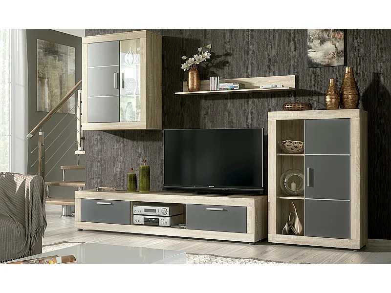 Meyvaser Mueble de salón y TV Moderno con Leds Color Cambria y Grafito Módulo de Comedor 259 Cm