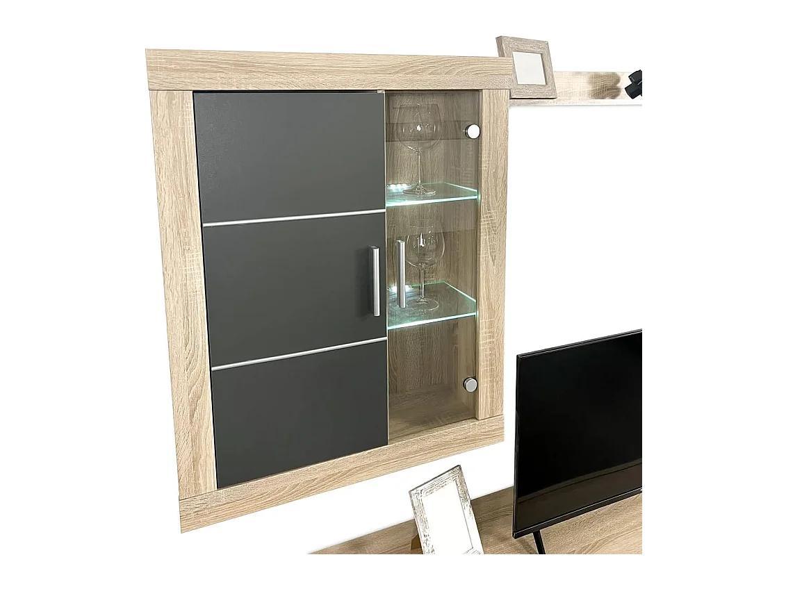 Meyvaser Mueble de salón y TV Moderno con Leds Color Cambria y Grafito Módulo de Comedor 259 Cm