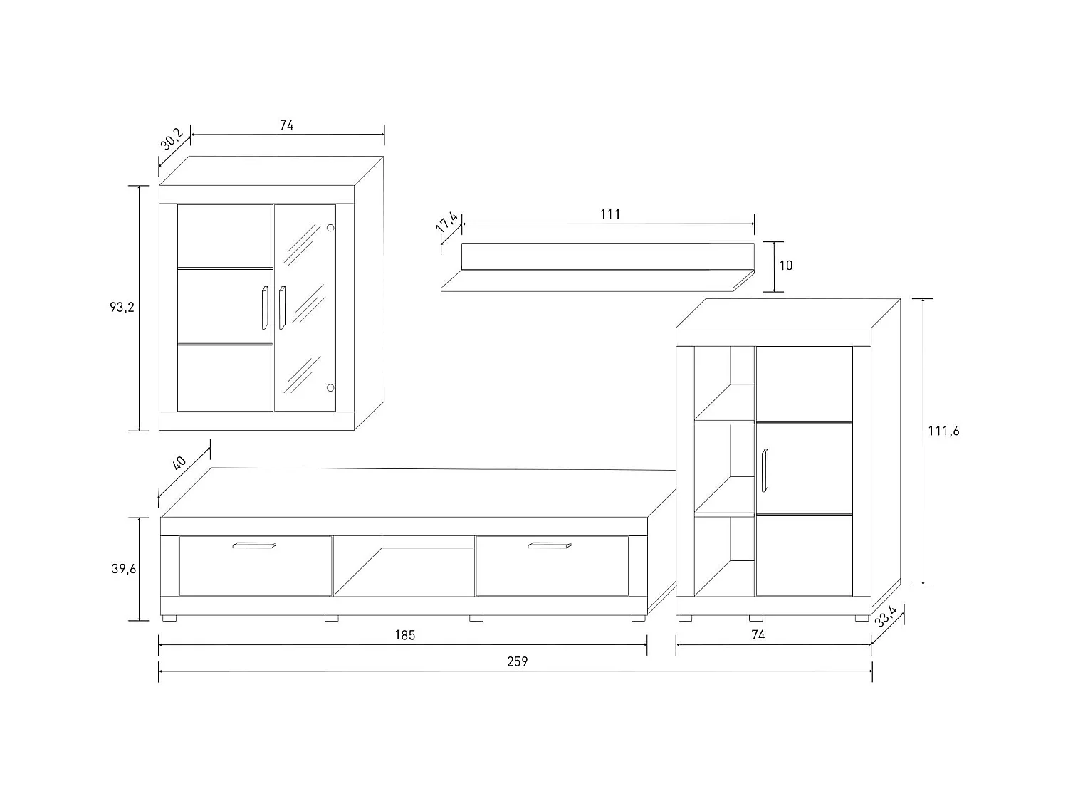 Meyvaser Mueble de salón y TV Moderno con Leds Color Cambria y Grafito Módulo de Comedor 259 Cm