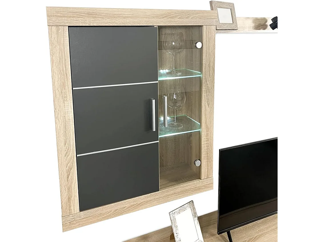Meyvaser Mueble de salón y TV Moderno con Leds Color Cambria y Grafito Módulo de Comedor 259 Cm