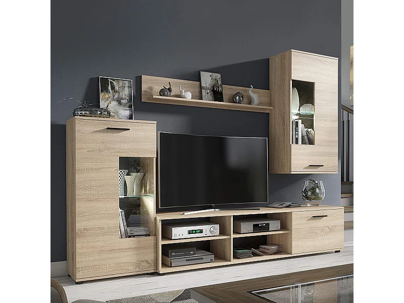 Mueble de Salón Moderno con Leds, Módulos de Comedor, Acabado en Cambria, Medidas: 229 cm (Ancho) x 200 cm (Alto) 38 cm (Fondo) - Meyvaser