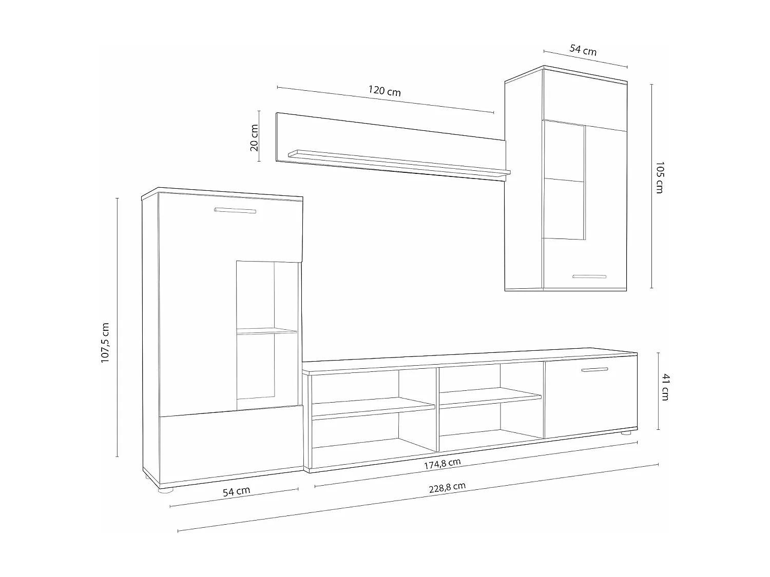 Mueble de Salón Moderno con Leds, Módulos de Comedor, Acabado en Cambria, Medidas: 229 cm (Ancho) x 200 cm (Alto) 38 cm (Fondo) - Meyvaser