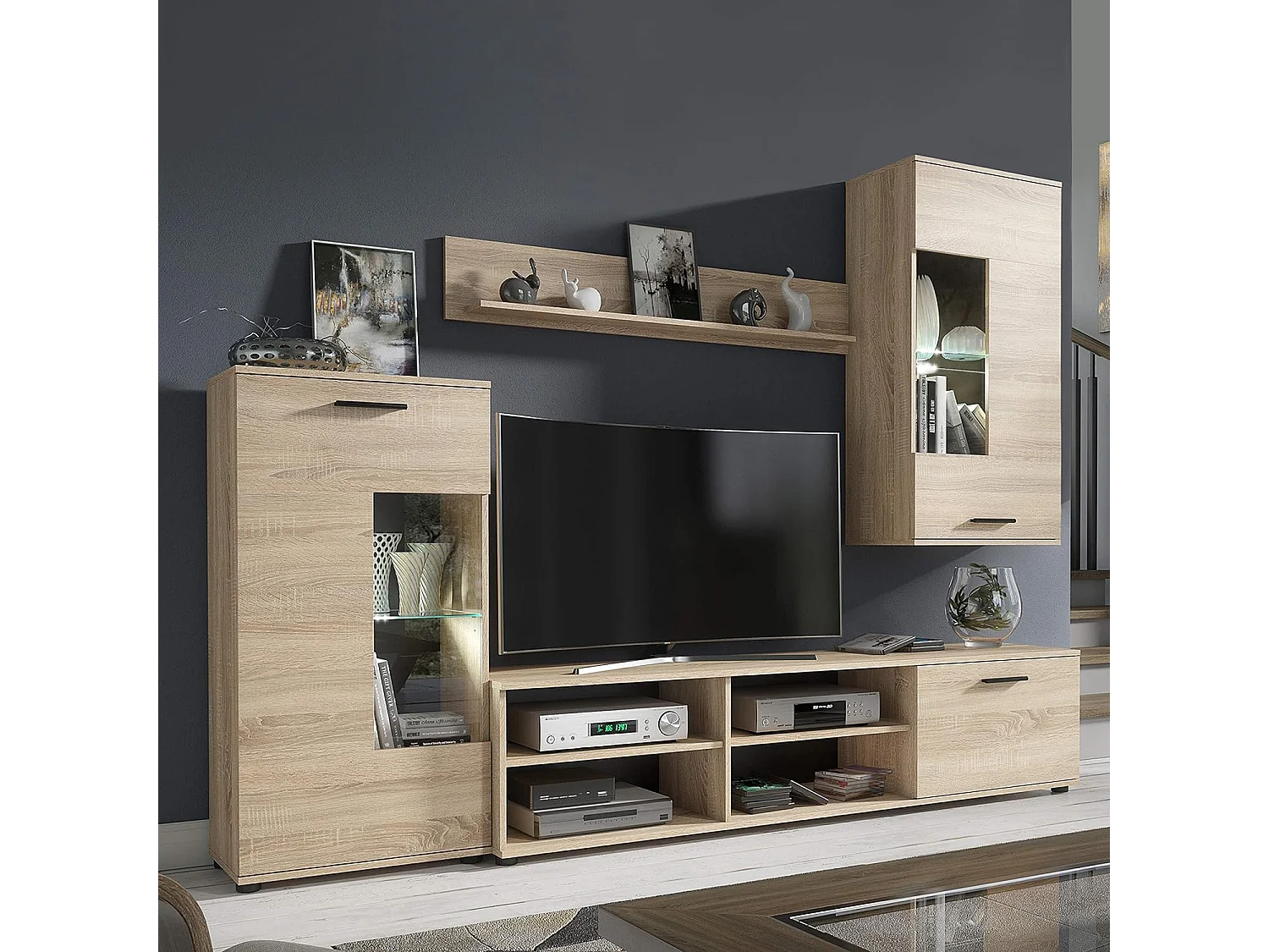 Mueble de Salón Moderno con Leds, Módulos de Comedor, Acabado en Cambria, Medidas: 229 cm (Ancho) x 200 cm (Alto) 38 cm (Fondo) - Meyvaser