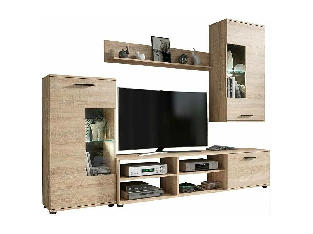 Mueble de Salón Moderno con Leds, Módulos de Comedor, Acabado en Cambria, Medidas: 229 cm (Ancho) x 200 cm (Alto) 38 cm (Fondo) - Meyvaser